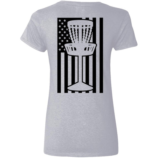 Grey RDGA V-Neck T-Shirt with American Flag Disc Golf Basket | 100% USA Cotton
